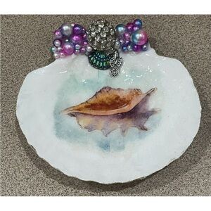 Hand Crafted Shell Design on Naturally Scalloped  Seashell Trinket Dish